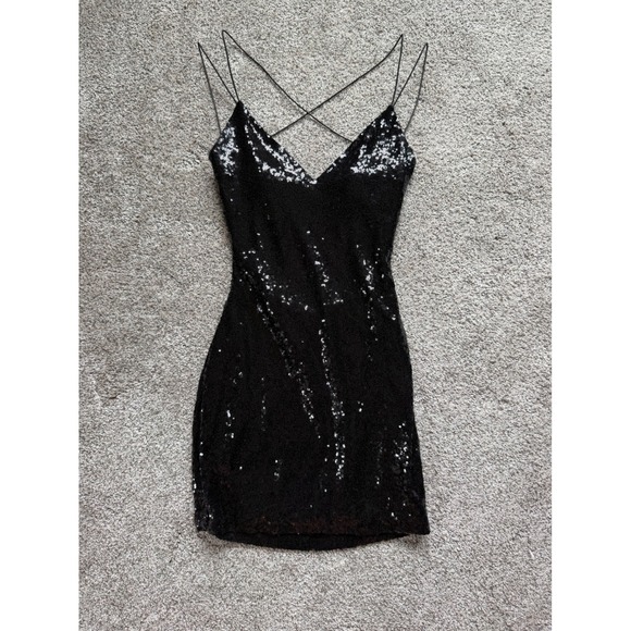 B Darlin Black Sequin Mini Dress Crisscross Back Size M - Picture 2 of 7